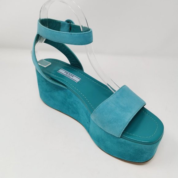 Prada Blue Suede Wedge Platform Heels - Picture 4 of 13